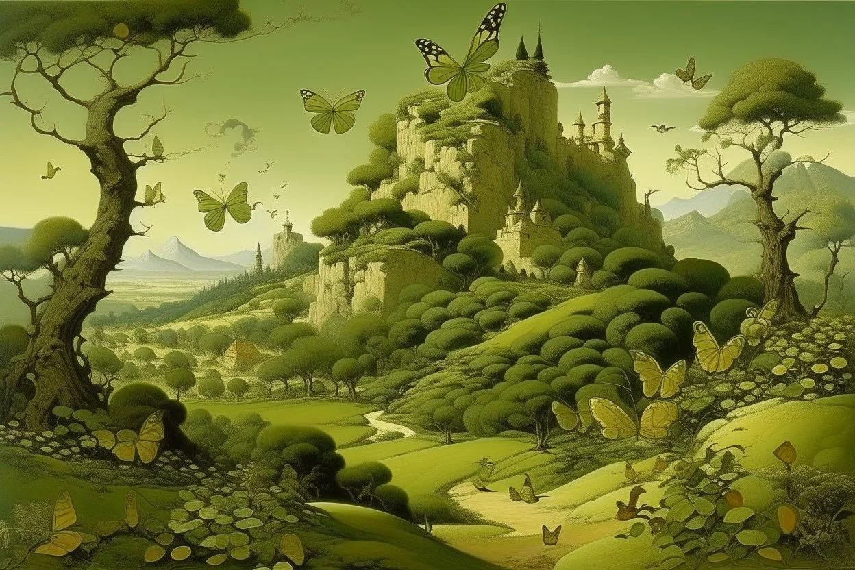 An olive green kingdom with butterflies painted by Salvador Dali