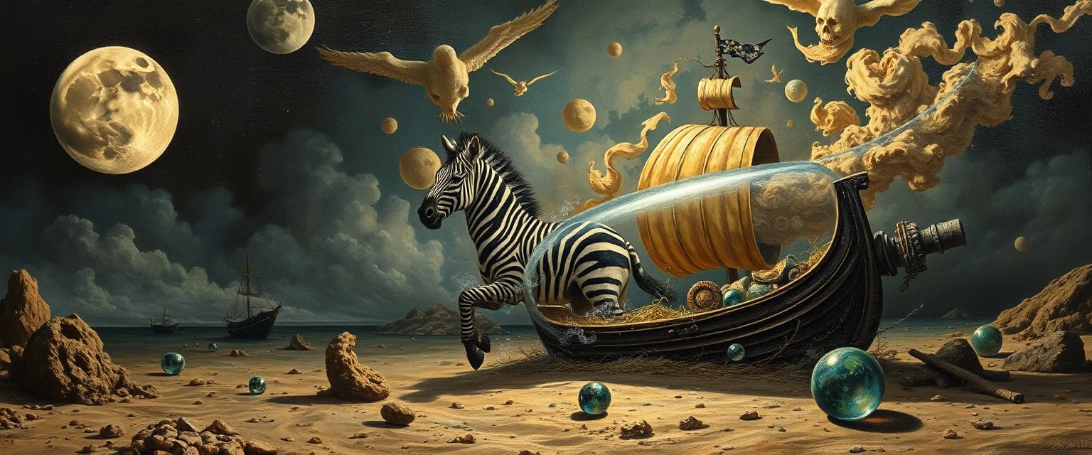 master oil painting by Rembrandt, good afternoon clay moon chill hyper bigger than life zebra dream smoking trickster golem peeking out of a sand twister whirlwind cocoon, all inside a bottle ship and there are lotsa huge glassy marbles