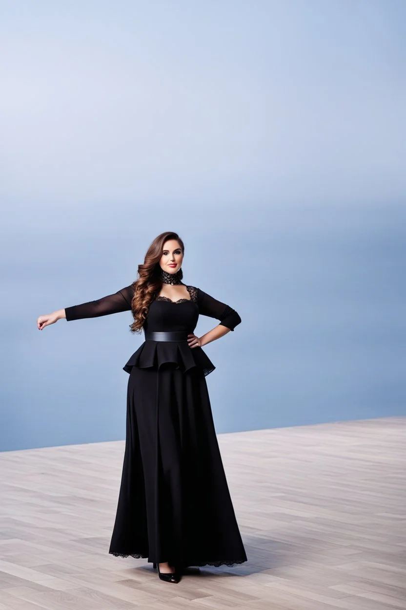 full body of very beautiful lady midi skirt and blouse , curvy hair with small cap and lace scarf ,standing idle happy pose in studio pretty makeup