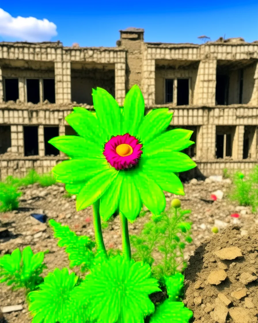 flower of peace blooming on damaged building in war torn city