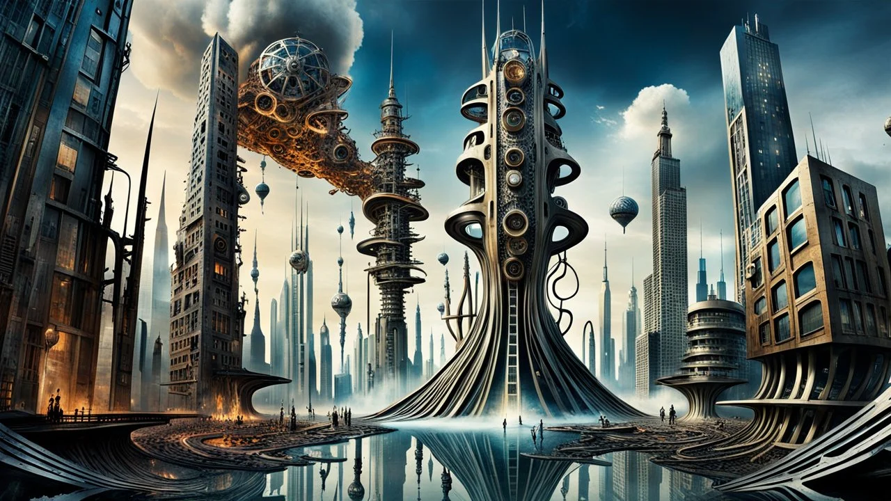a stunningly weird image of a futuristic tall tower metropolis using Salvador Dali's paranoiac-critical method, where buildings and structures appear to melt into the skyline cityscape is filled with floating mad, twisted sharp metal shapes that interact with the buildings and each other, forming a surreal tableau of a dreamlike reality. neu-steampunk vibe, essence of the scene in a cinematic manner, dramatic shadows , perspectives and bizarre, deep colors, futuristic surreal