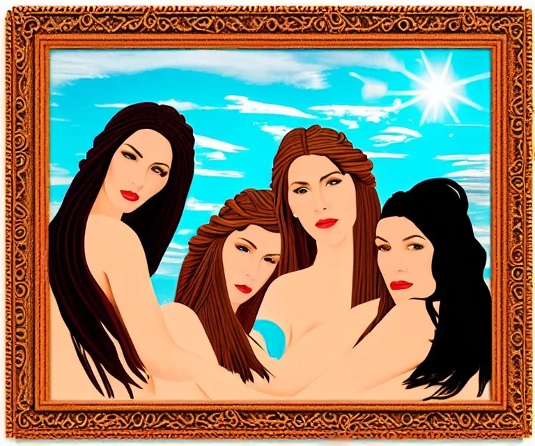 Very sensual gorgeous "Las tres gracias" Post modern art. 3 young white woman brunette hair maiden dressed in blue posing sensually with plaits,In and out of an empty surreal picture frame. Background a desert, sunshine beams divine bright soft focus holy in the clouds steampunk engine.