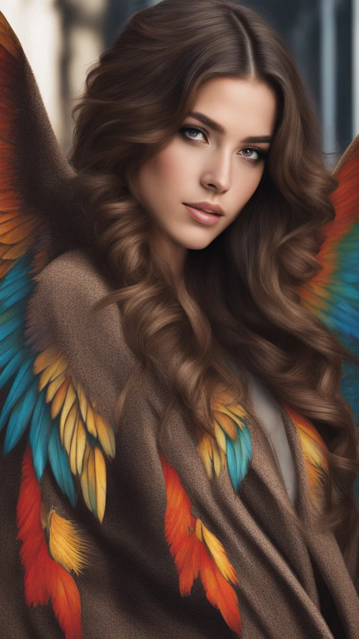 Young woman angel, lovely face, Dark brown eyes, elegant coat, ashen medium hair, colorful wings, outdoors, realism, dynamic lighting hyperdetailed intricately detailed photo triadic colors