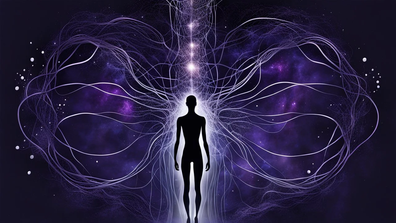 A minimalist abstract 2d digital art graphic and ink montage,. Deep dark purple background with pale neural network and galaxy background, human nervous system with fade little lights , white-dark blue-pale gray and black colors, Clean composition with strange surreal vibe, emotional, abstractions, neurodivergens soul and mind, cinematic, thriller, human dark shilouette