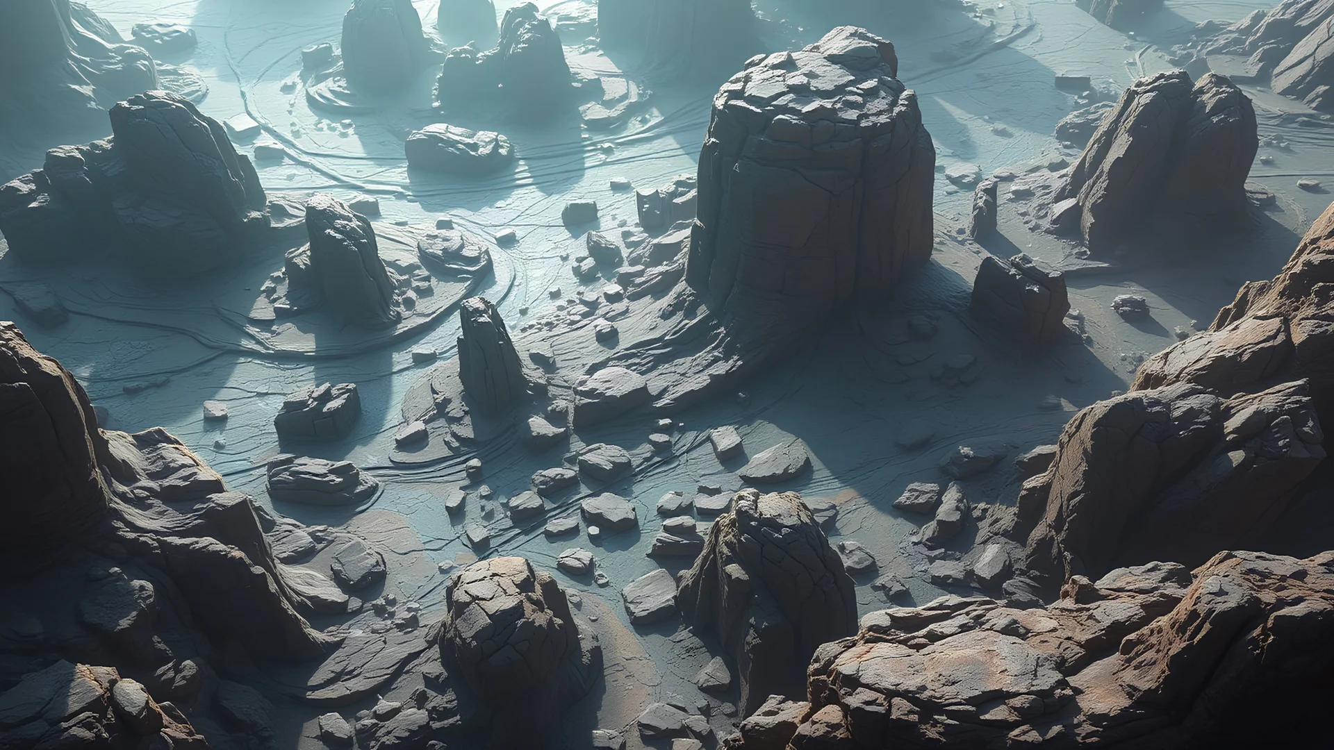 aerial view of a rocky landscape that looks futuristic with futuristic lighting, realistic rendering