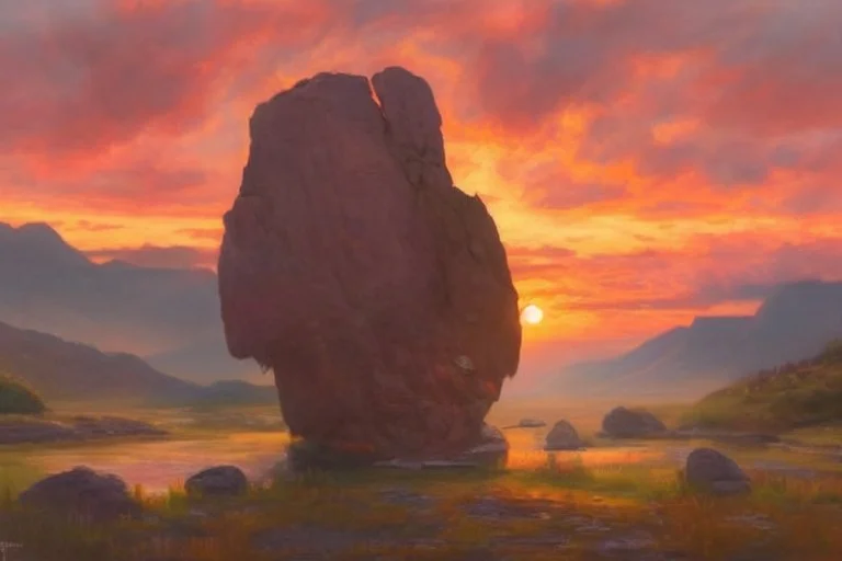 beautiful sunset, rocks, videgame landscapes influence, epic, one person, distant mountains, rodolphe wytsman, jenny montigny, and friedrich eckenfelder impressionism paintings