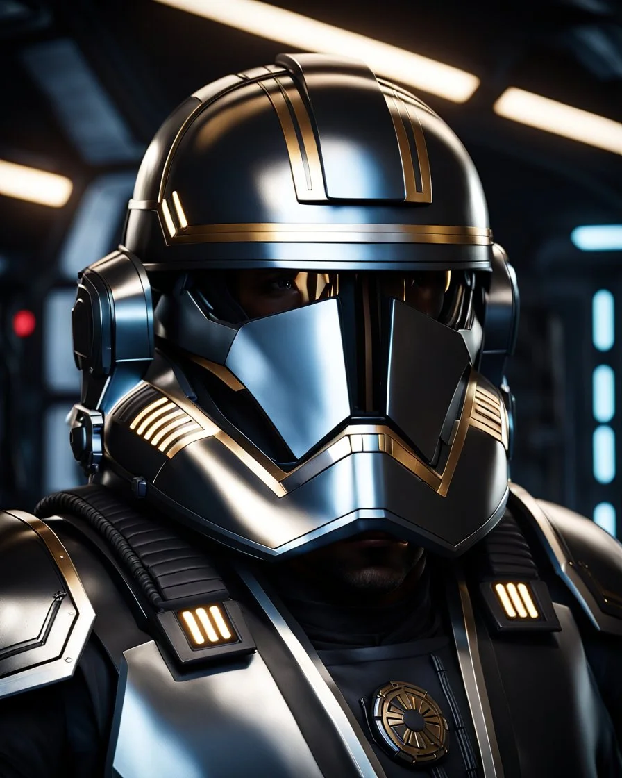 star wars bald male corellian pilot wearing pearlescent black and gunmetal grey First Order special forces heavy assault stealth commando armor and helmet with gold trim inside the jedi temple, hyperdetailed, dynamic lighting, hyperdetailed background, 8k resolution, volumetric lighting, light skin, fully symmetric details