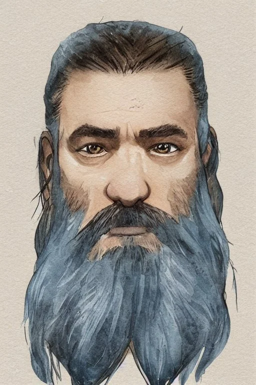 portrait, watercolour, realistic, illustration, dnd, fantasy, dwarf, beard, square face, ghost, ethereal, blue skin, glowy skin, see-through