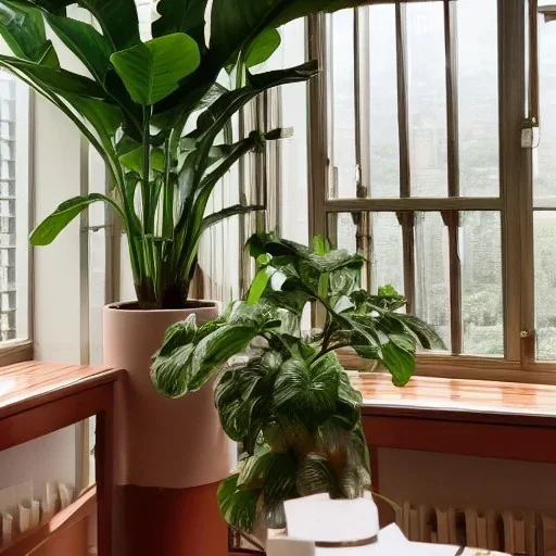  mahogany table lush high-detail house plants in pots looking out of a window to a crowded city with many textbooks on the table