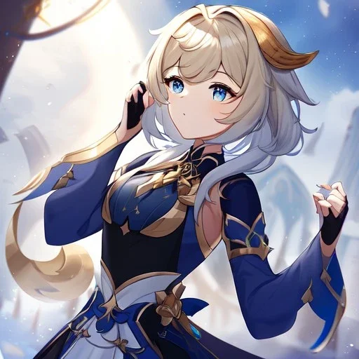 Clear Focus, High resolution, Genshin, white fluffy medium hair, blue eyes, dark blue sleeveless crop top, cut sleeves are white for the main color and secondary color is dark blue, wearing a short white skirt, wearing black fingerless gloves, golden antlers