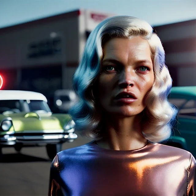 Ultra Realistic retro sci-fi, Supermarket parking scene, 1960 year, blonde woman, sweet young Kate moss face, x rays eyes, face makeup, tight latex coat; many panic people, Retro sci-fi style, soft color, highly detailed, unreal engine 5, ray tracing, RTX, lumen lighting, ultra detail, volumetric lighting, 3d, finely drawn, high definition, high resolution.