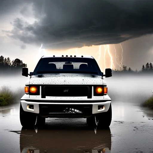 hyperrealistic shot, speeding 4x4 truck, monotone color palette, sharp focus, puddle reflec1tion, tire mud splashes, refraction, huge boulders backdrop, mist on the horizon, thunder and lightning, overcast shadow, detailed and intricate, cinematic composition, 8k, micro, tilt shift photography, bokeh