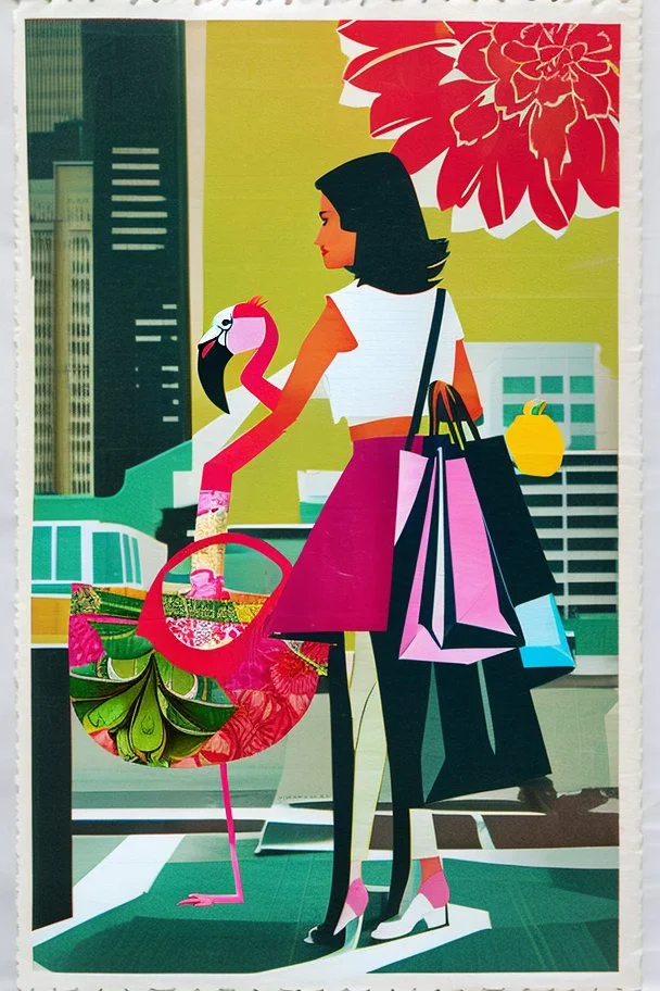 the woman rides on the back of a flamingo in the city center with a huge shopping bag, collage, stamp, old newsprint, pen, dry flower, ink, bizarre