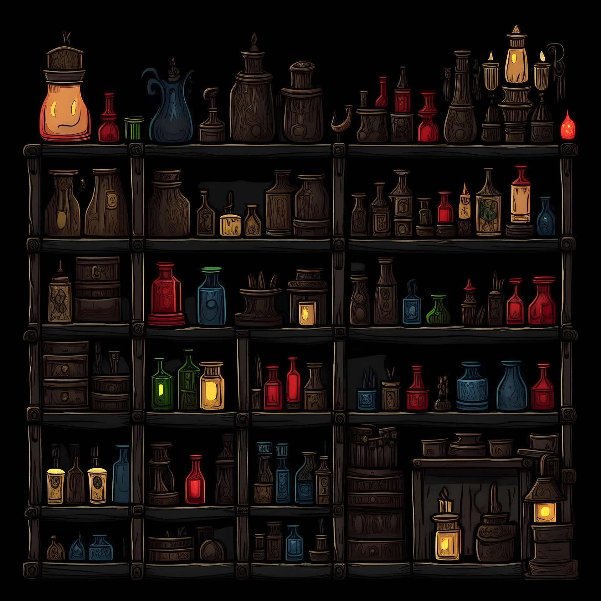 shelf of medieval adventuring supplies in the art style of darkest dungeon