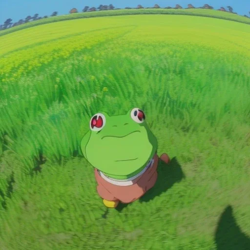 A green frog smiling with a big light blue hat on, wearing blue work overalls, skipping and dancing around in a field during a sunny day. Bokeh, fisheye.