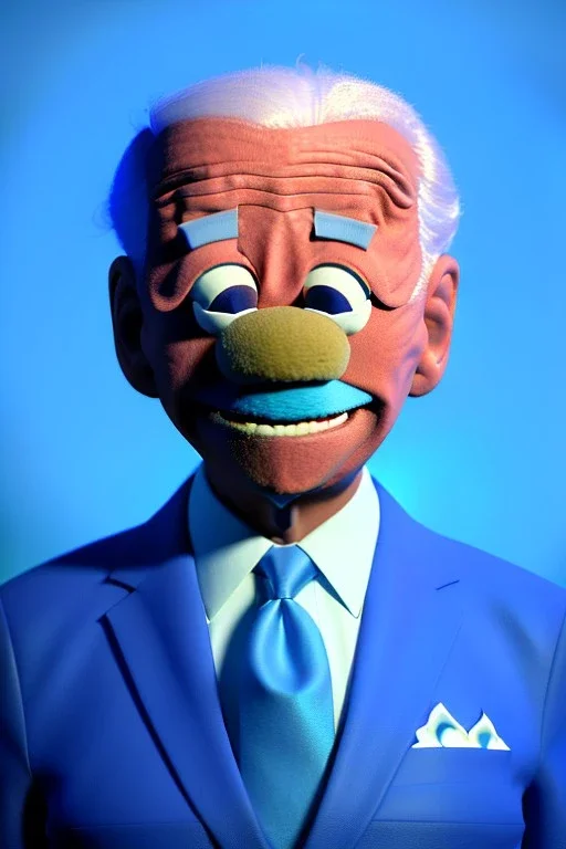 Waist up muppet Portrait, joe Biden as muppet doll, Blue suit, photo studio, blue background, unreal engine 5, concept art, art station, god lights, ray tracing, RTX, lumen lighting, ultra detail, volumetric lighting, 3d.