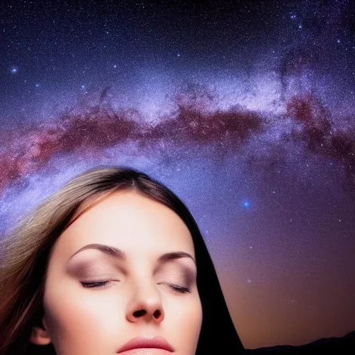 Beautiful European women head portrait, meditation, valley galaxy night sky, 8k Quality