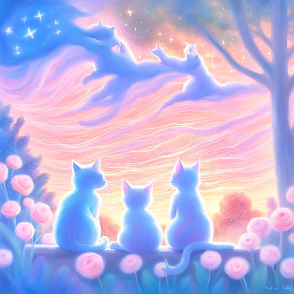 A magical moment in a painterly sunset garden. The two girls sit close together with the three kittens cuddled between them, looking up toward the glowing evening sky. Above them, soft light trails, sparkles, or a glowing star emerge — a touch of fantasy as if nature itself whispers to them. The warm colors wrap around them: coral, gold, rose, and soft blue. The composition feels like the closing page of a gentle fairy tale. Painted with rich oil textures, craquelure, and poetic atmosphere. --v