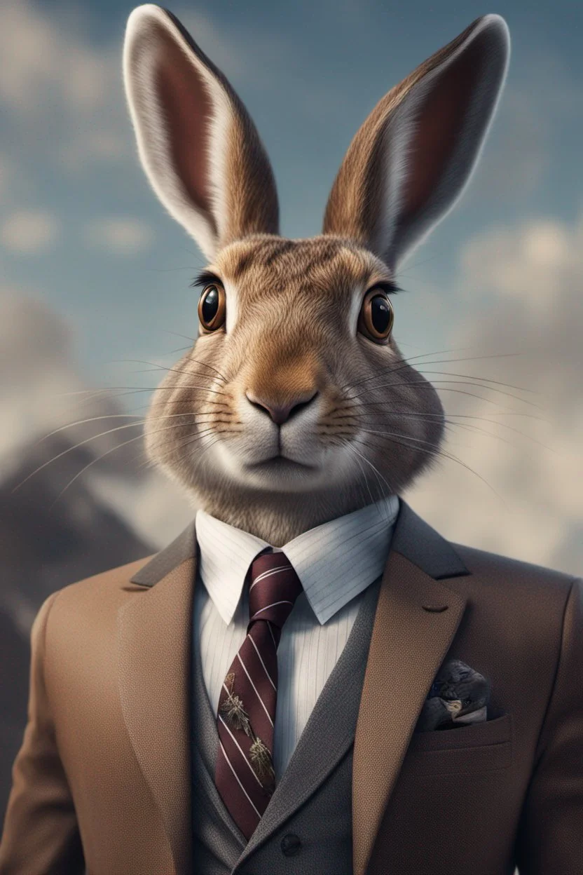 Anthropomorphic hare in a hyper-realistic 8K suit and tie.