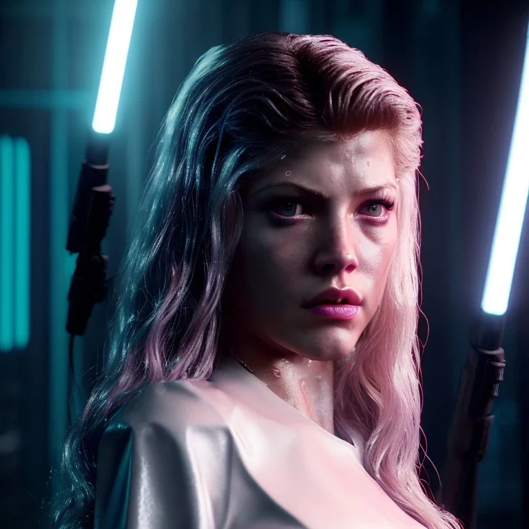 Actress, young Katheryn Winnick, replicant woman, blade runner style, rain, fog, neon ambient, gradient, clean skin, circuits, latex coat, cyber punk, neon, tubes, portrait, studio photo, unreal engine 5, smooth color, 16 bit, god lights, ray tracing, RTX, lumen lighting, ultra deatail, volumetric lighting, 3d, finely drawn, hd.