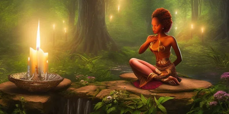 beautiful african lady meditating at night with candles in a enchanted forest, fotorealistic, high quality, landscape, 17, chalice well