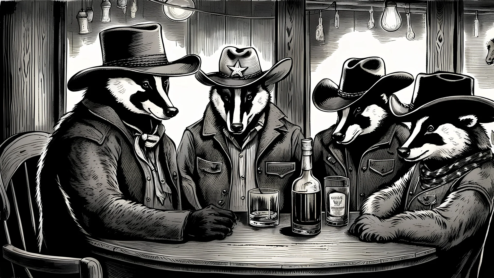 Anthropomorphic American badger wearing a cowboy hat and having a whiskey at the saloon with his other anthropomorphic animal buddies. Etching.
