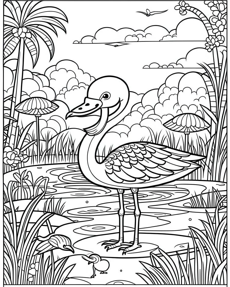 create a 2d black outline, "safari smiling cartoon flamingo coloring book for toddlers", coloring page, low details design, black contour, coloring page design, simple background, colorful , card style, coloring page for kids, white background, sketch style, safari landscape, cartoon style