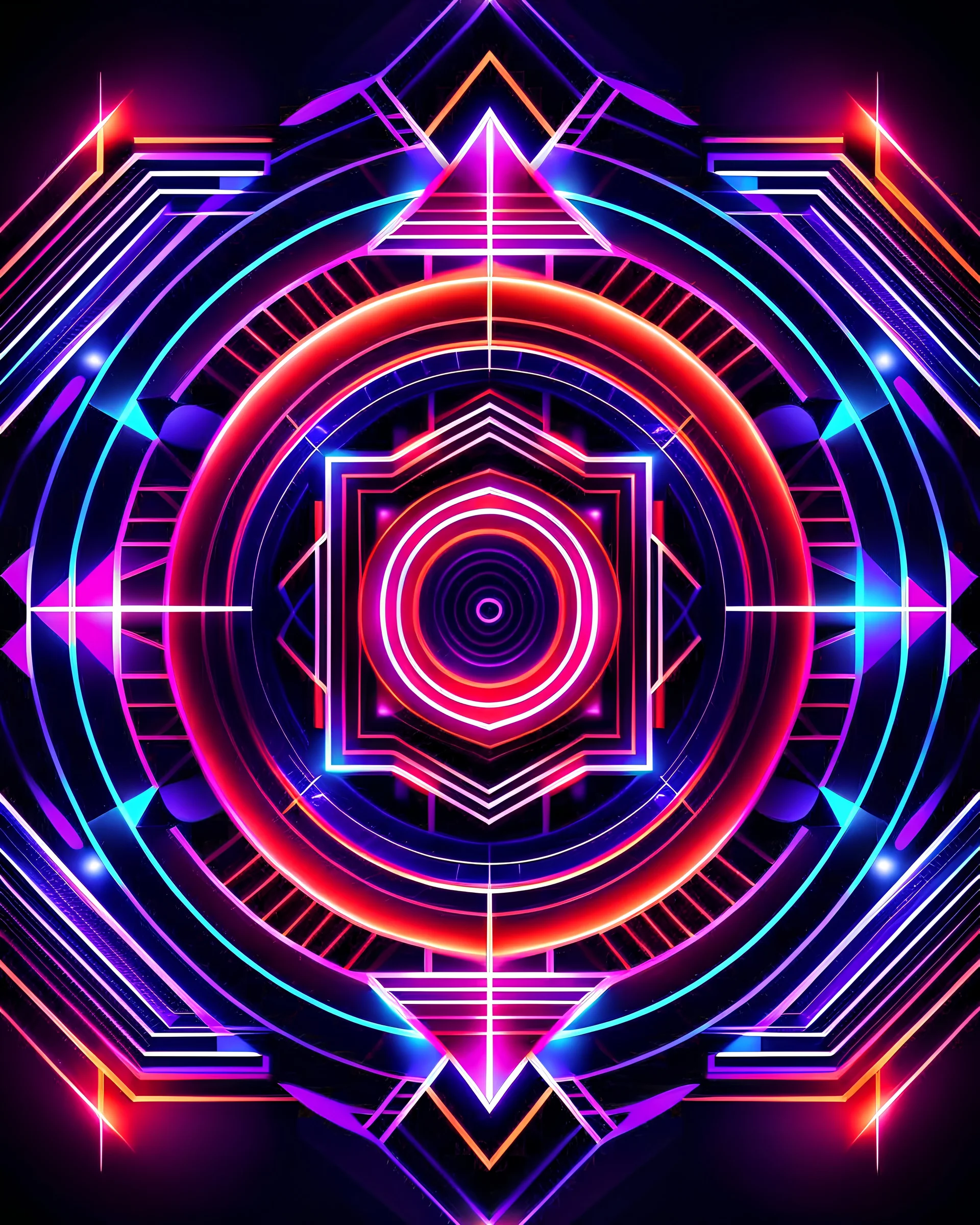 /imagine prompt: Modern graphic design portraying Style: Bold and contrasting colors reminiscent of a baby's playful spirit. Subject: Geometric mandala with sharp, dynamic patterns. Setting: Suspended in a futuristic, neon-lit environment. Composition: Mandala positioned dynamically, breaking the traditional frame. Lighting: Neon lights casting dramatic shadows and highlights. Additional Info: Digital sparkles enhancing the modern, energetic vibe. --ar 16:9 --stylize 350 --style raw --v 6