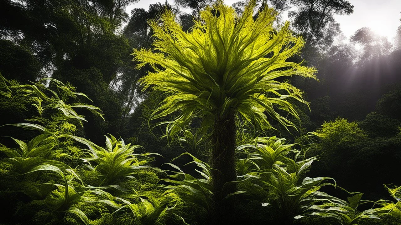 Strange invasive plant species, enormous, threatening, mutant, triffid, weird, frightening, horrible, amazing, chiaroscuro, beautiful light and colour, beautiful composition