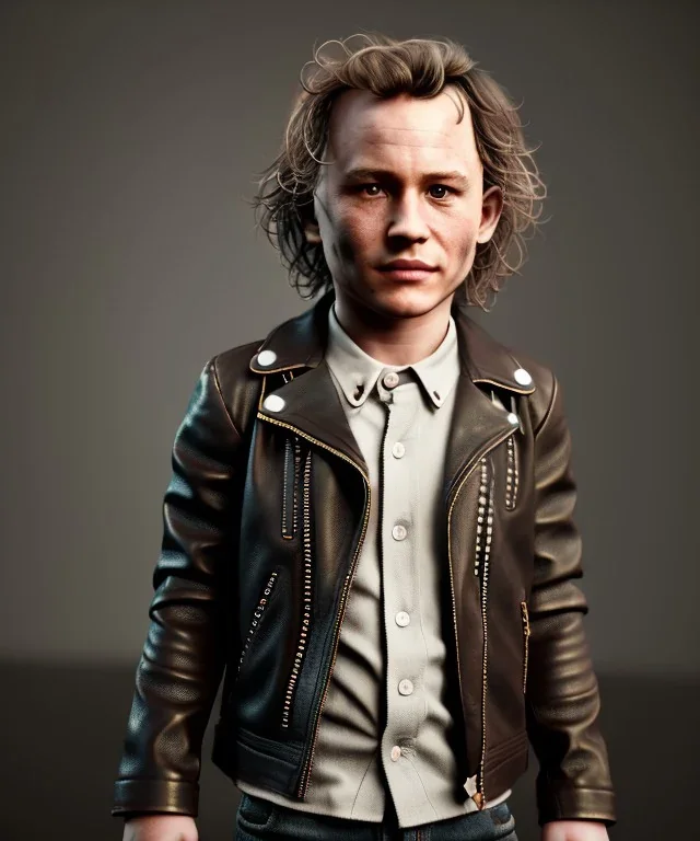 Heath ledger toddler, full body, leather jacket, floral shirt, soft skin, dramatic lighting, hyper realistic