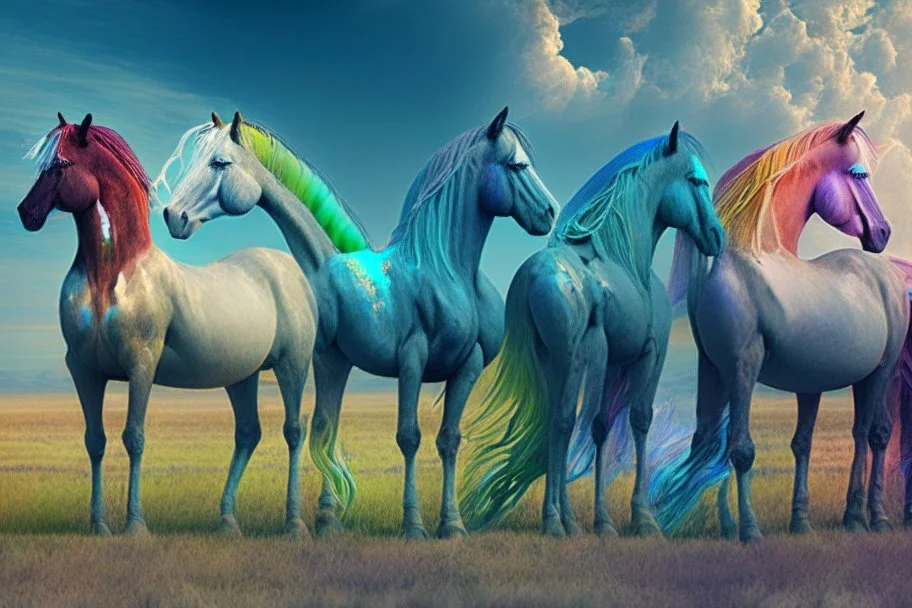 fantasy horses of different colors standing on a field