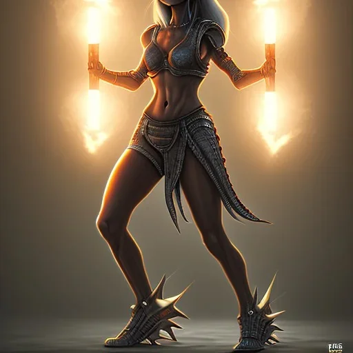 Alien,female,werewolf,athletic,muscular,spiky hair,holding two lighting bolts