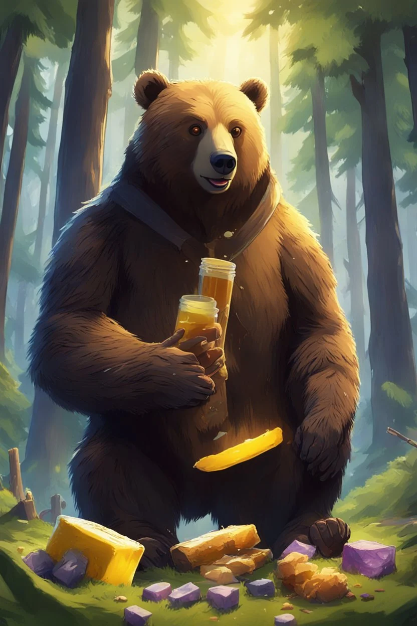 Bear eating honig and is in a wald and play fortnite and polar lichter