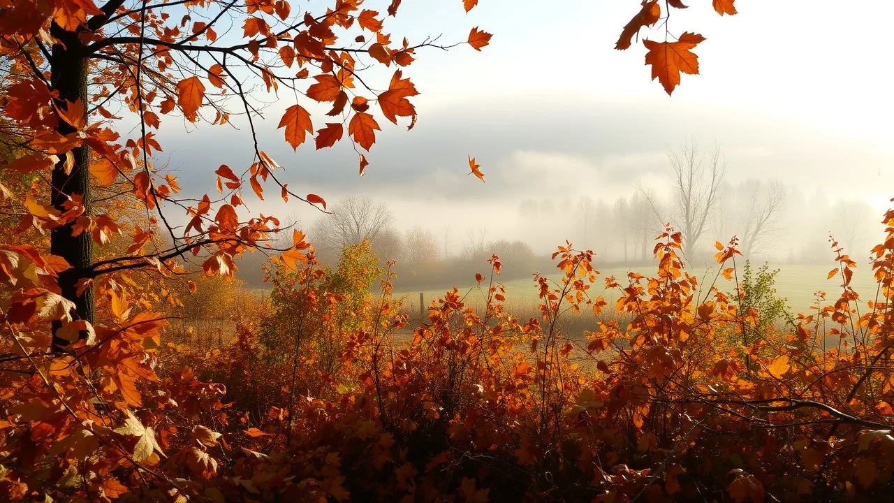 Autumn: falling leaves, Misty mornings, fog over distant fields or forests, sunshine; people wear scarves, woolly hats, gloves, steaming hot drinks; birds migrating, squirrels gathering nuts, rabbits, chestnuts, acorns, berries, rowan, holly, mistletoe, beautiful colours, atmospheric. Award winning photograph.