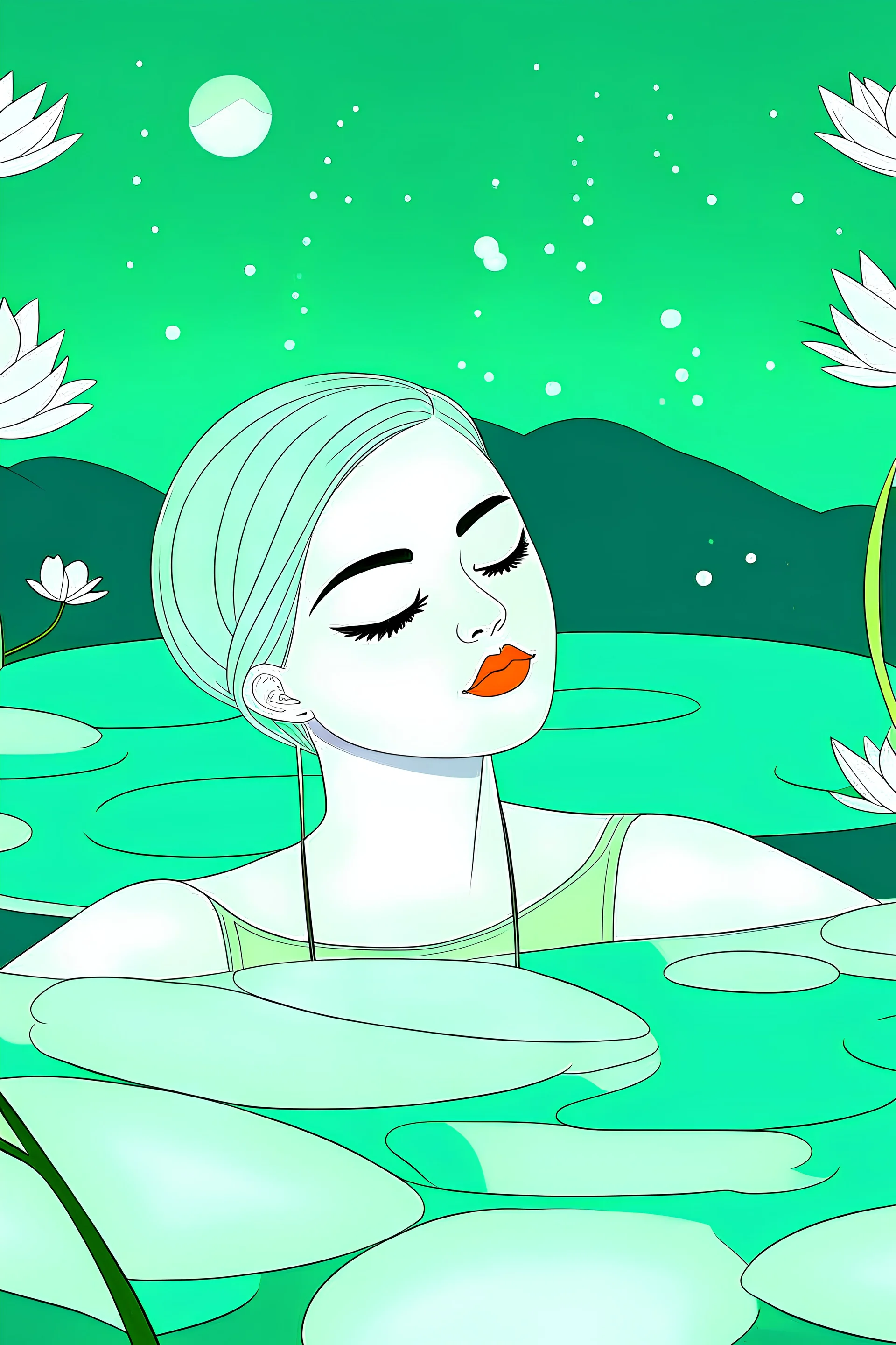 A green-haired woman with a peaceful expression lies at the bottom of the pool, with lotus flowers floating on the water, moon in the background, reflection, minimalist, animated artistic style, loose strokes, amber and light gray, accurate painting, Traincore, Korea Wave--a 4:3