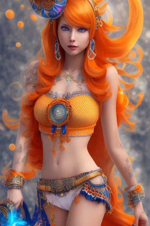 Full body of beautiful girl nami, Hair Color: Orange, Style: Wavy, Outfit Top: Blue, Outfit Bottom: Orange, Shoes: Brown, Accessories: Tangerine, Weapon: Clima-Tact, Hat: Straw, Tattoo: Pinwheel, Earrings: Hoops, sophisticated,, beautiful woman, hyper realistic, hyperrealism, photoreal, realistic, photorealistic, soft pastels, full-body, standing, long shot, wide angle, aesthetic