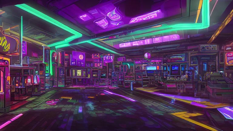 A dark photo of the corners of an 80's aesthetics arcade at night, with a lot of functioning arcade machines, a vaporwave floor and some colorful tiles in between the floor. Purple aesthetics.