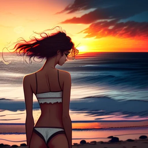 A very scantily clad young woman standing on the beach watching the sunset. The wind is playing with their hair.