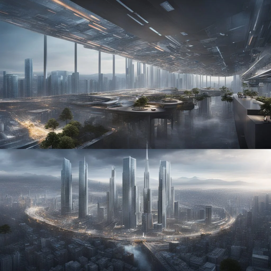 **Cinematic Artwork:** A panoramic view of a futuristic cityscape where buildings are designed with innovative earthquake-resistant technologies. The scene transitions from a serene skyline to an intense, yet controlled earthquake simulation, showcasing how the structures flex and move without collapsing. This visual underscores the importance of advanced engineering in disaster mitigation. **Appearance:** cinematic portraits that embodies the themes of constructing earthquake-mitigating infrast