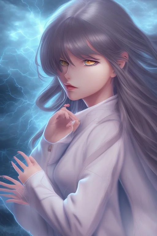 3d misterious Anime girl close and personal in stormy background