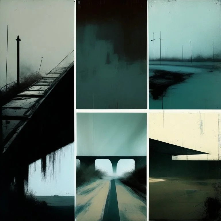 A desolate concrete road with steps to a bridge. In the style of Justin Mortimer and Phil Hale. Minimalist contemporary painting with rough brushstrokes.