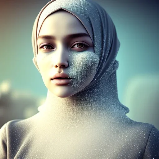 close up portrait of woman in hijab with part of her face made of thick blowing dust storm, morphing into dust, fading into cloud of dust, morph, morphing, artwork manipulation, ray tracing, sharp focus, fine detail, highly intricate, modern surrealism painting, high-quality, volumetric lighting, 8k, ultrahd, George Grie, Marco Escobedo, Igor Morski,Brian Froud, Howard Lyon, Selina French