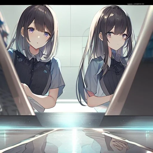 anime girl is looking at her reflection in the mirror.the reflection is distorted