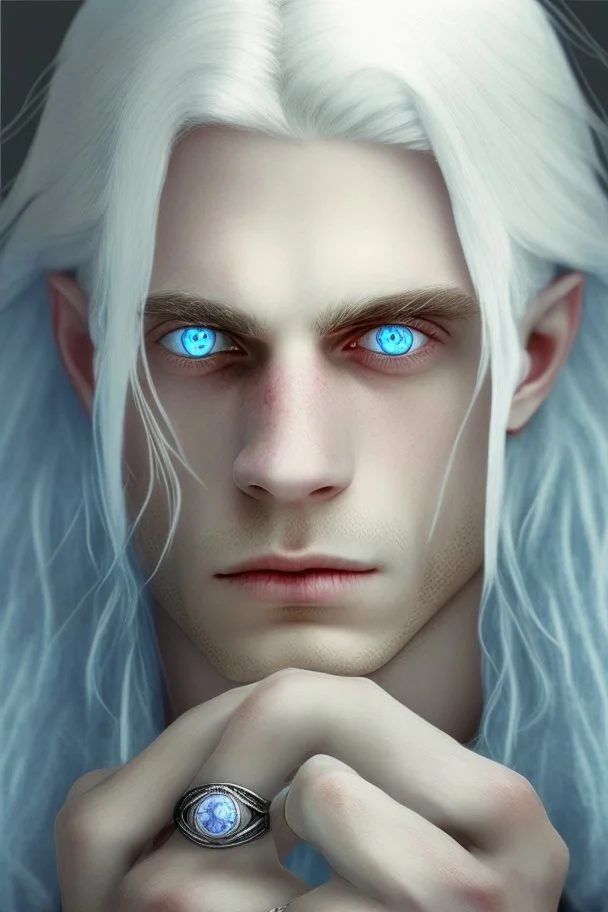 Realistic young man, long white hair covering one eye, blue eye, has rings on his hand, pale skin, slim bit fit