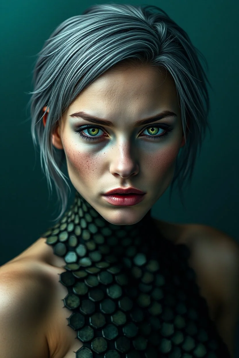 an intense alluring mermaid with wet short grey hair tucked behind ears, she has green eyes and light freckles. her entire body is covered in gradiated dark to light green mottled hexagon scales that transistion into skin at neck, ,