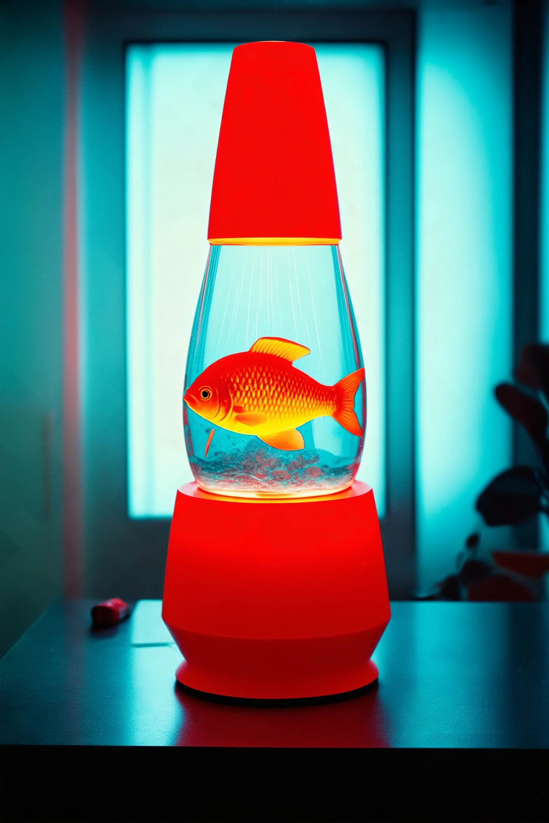 Red Lava lamp with fish inside, empty room, autochrome