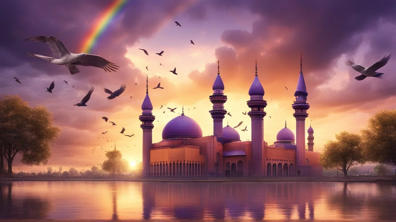 Hyper Realistic Orange & Purple Mosque with Brown Minarets riverside at beautiful cloudy sunset & Rainbow with birds flying showing dramatic & cinematic ambiance