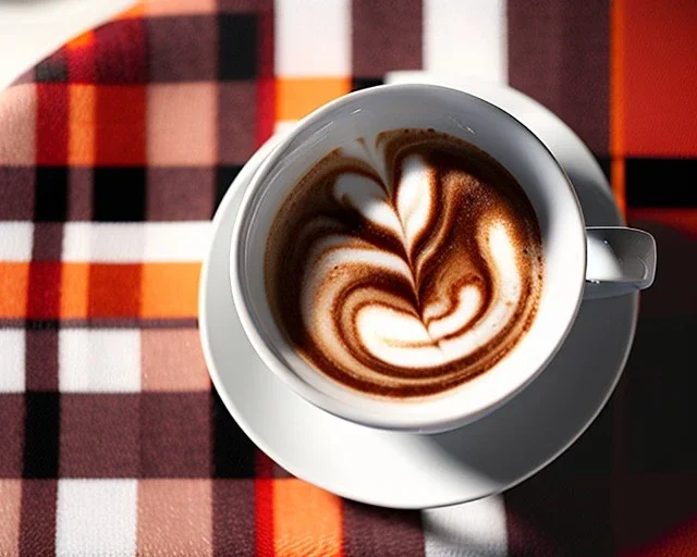 Cappuccino art microfoam in mug saucer on a plaid napkin