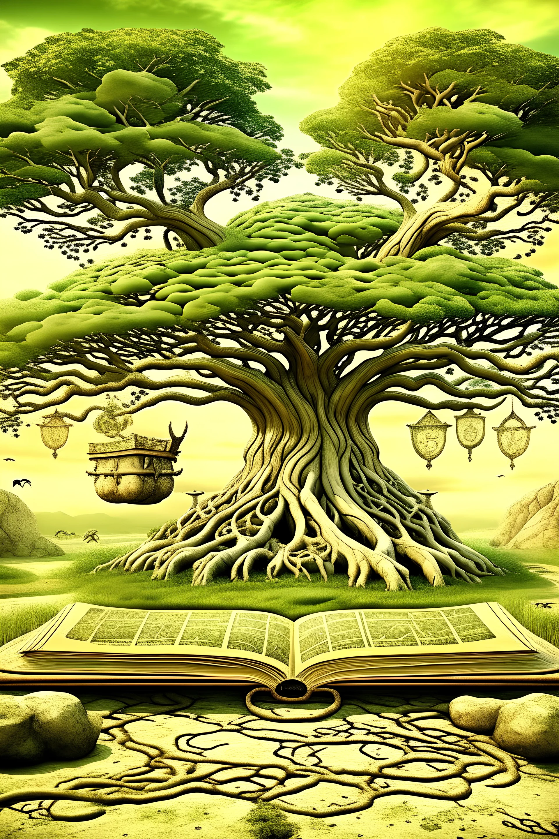 Wise Wealth Picture Prompt: Envision a serene, natural landscape with an emphasis on balance and wisdom. A wise-looking, ancient tree with gnarled branches stands at the center of this landscape. Underneath its expansive canopy, a collection of wisdom symbols and artifacts is arranged, including an open book of financial knowledge, an hourglass, and a scale representing balance. The landscape is bathed in the soft, golden light of the setting sun, signifying the wisdom that comes with time. A m