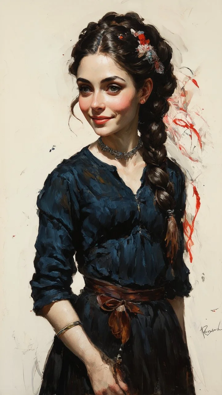 highly detailed, full body oil painting, petite, shyly smiling, woman of Spanish and Lebanese heritage with long dark hair in a single braid, sharply defined angular facial features, anatomic perfection, by Andrea Kowch> <Yoji Shinkawa><Arthur Rackham> <Jean-Giraud Moebius, saturated vibrant natural color tones, precisely drawn and inked, 8k resolution